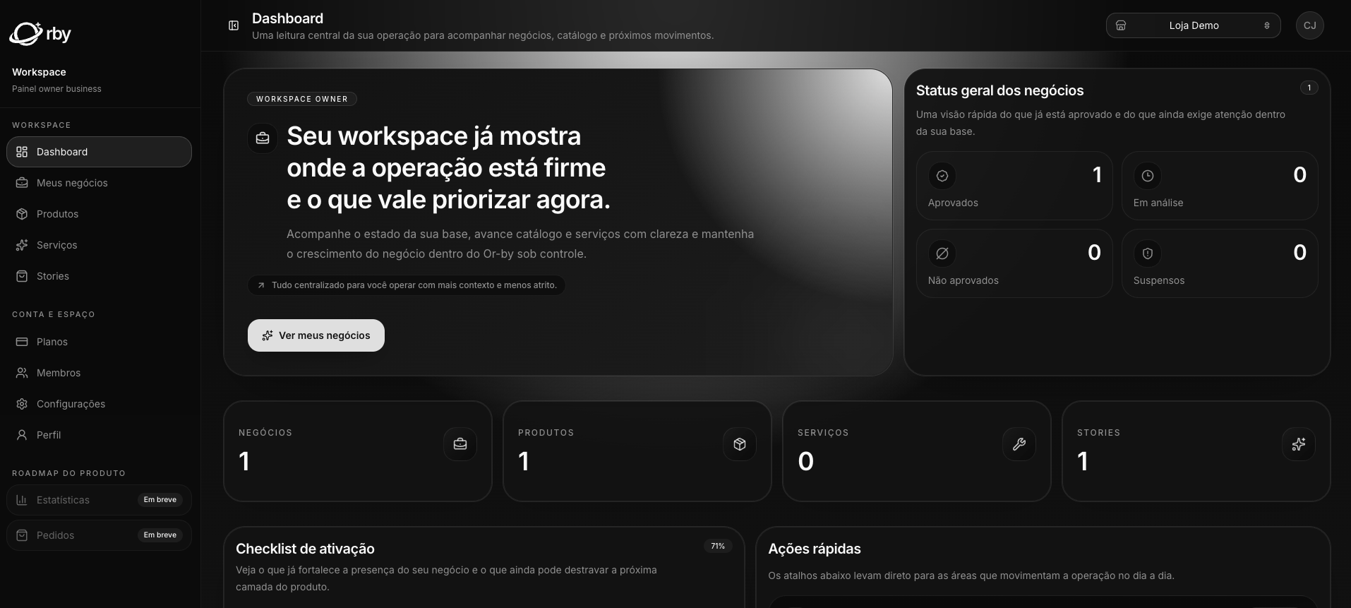 Painel Or-by Hub com visão do negócio, catálogo, serviços e stories